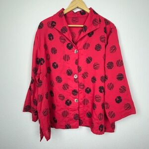 Fridaze Linen Top 1X Red Black Dots Button Up Boxy Lagenlook Boho Coastal‎